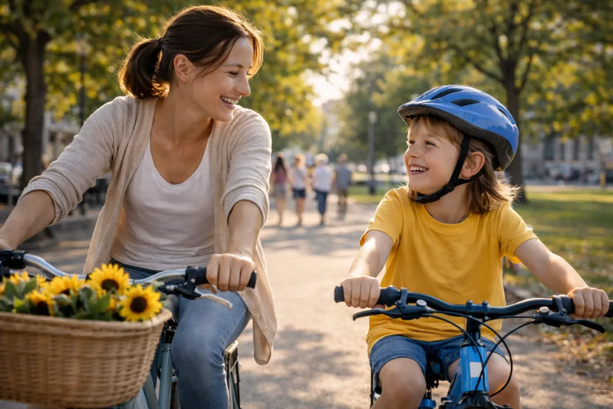 Mamă și copil pedalând împreună prin parc - Tocuri pe Biciclete Ploiești 2026