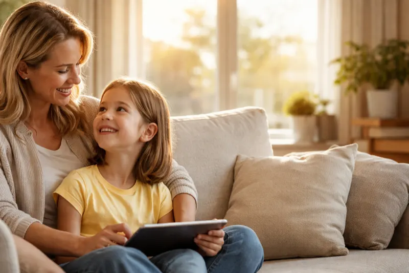 Mamă și fiică folosesc o tabletă pentru a verifica activitățile și recompensele din Măr